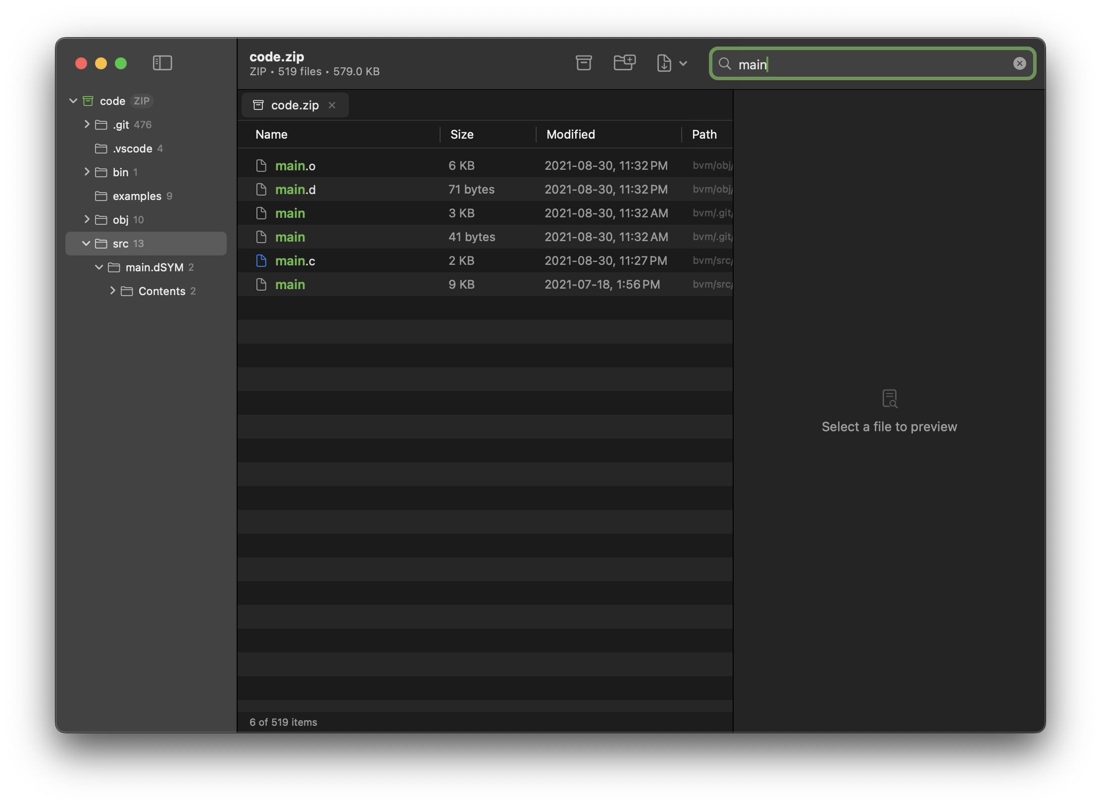 Pika search feature filtering archive contents