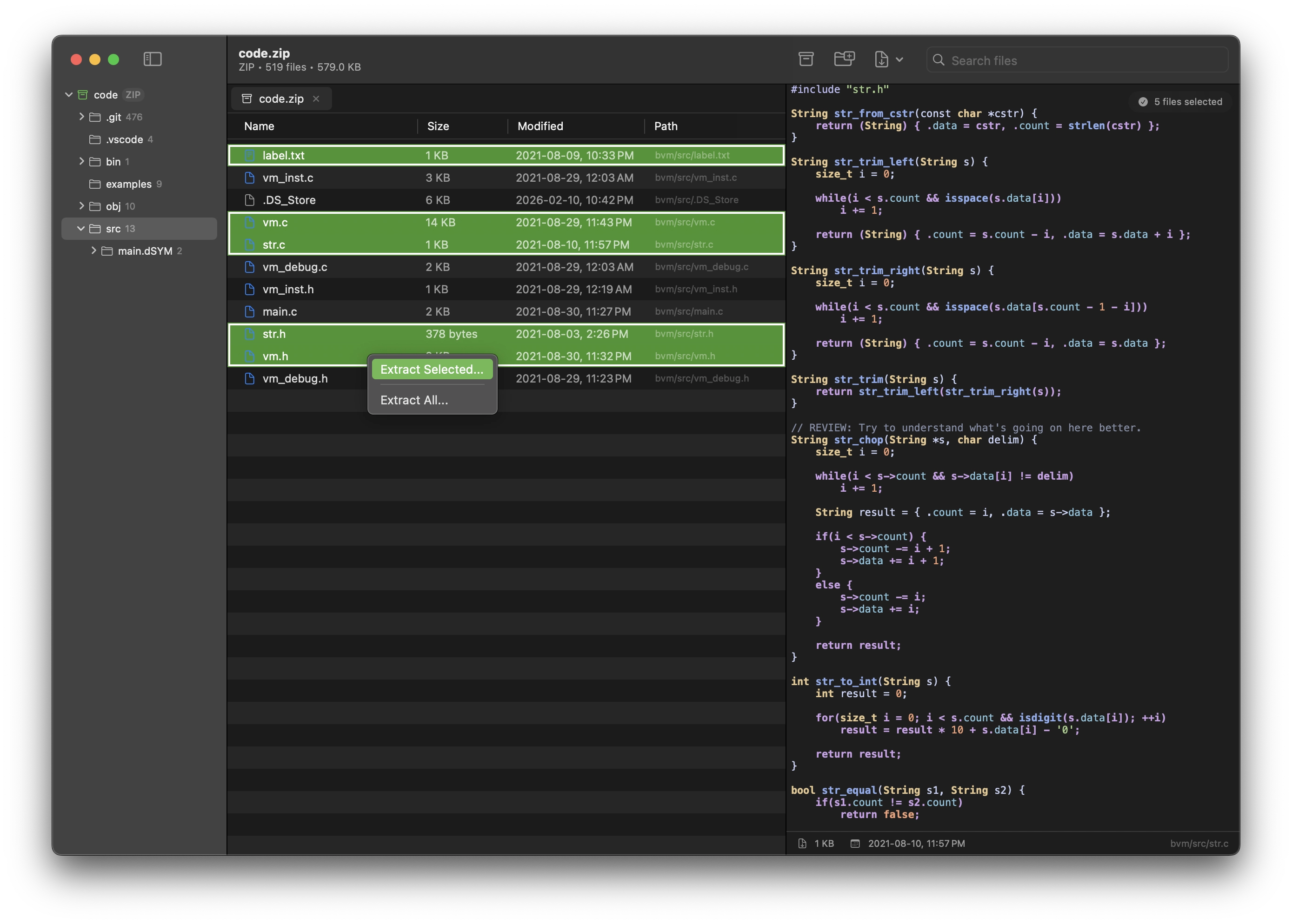 Pika selective file extraction interface